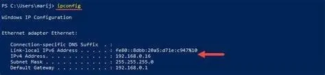 IP address highlighted in command prompt